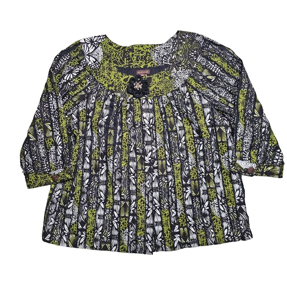 Floral Jacket Womens XL Brand Green Black Broach Multiples Cottagecore Read